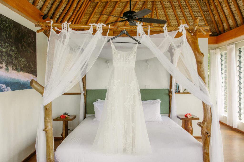 wedding gown in a tropical bungalow