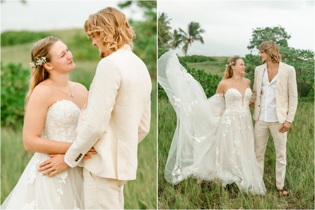 Bride and groom at Old Kona Airport beach