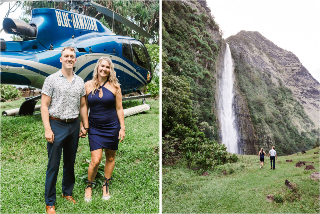 newly engaged couple by helicopter and waterfall