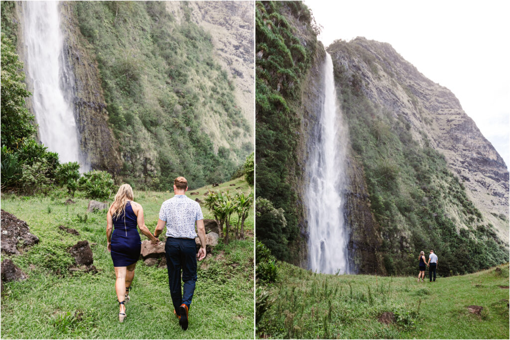 waterfall and newly engaged couple