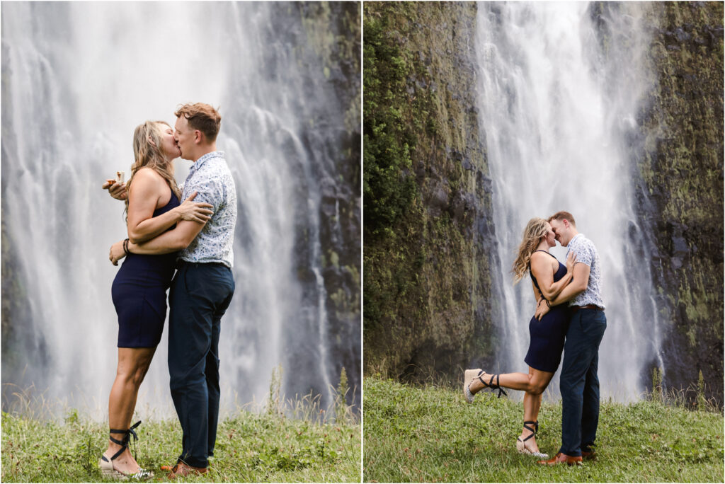 newly engaged couple in front of waterfall