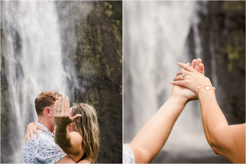 view of the waterfall with engagement ring on finger in front of it