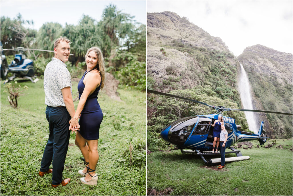 newly engaged couple at the helicopter