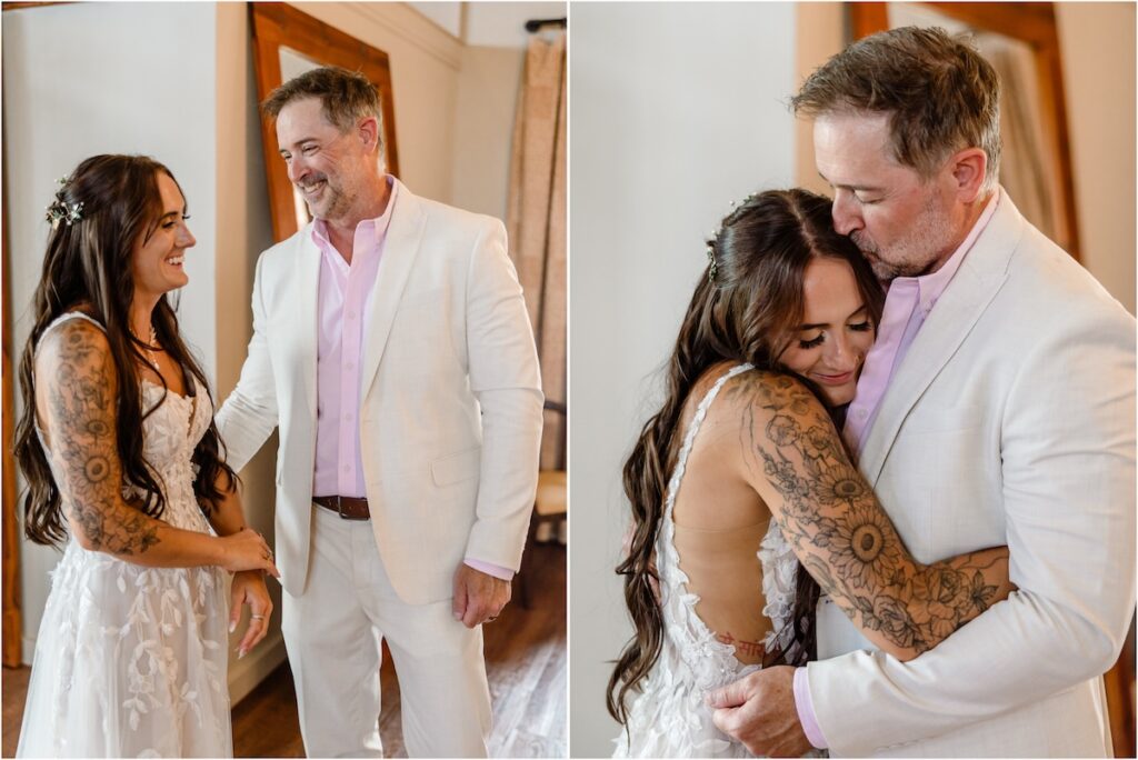 bride getting ready at her Holualoa Inn wedding, hugging her dad