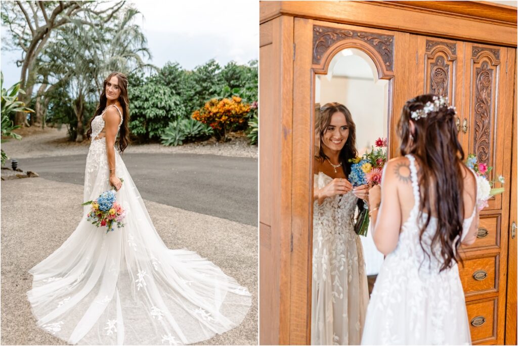 bride getting ready at her Holualoa Inn wedding