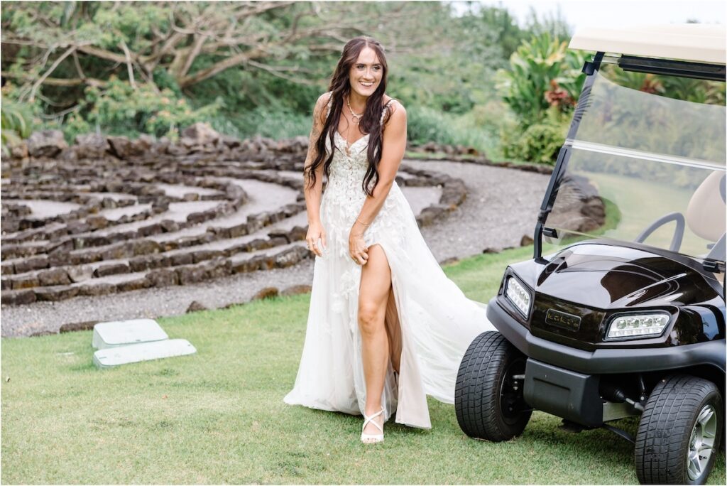 Bride and groom's first look at Holualoa Inn art garden