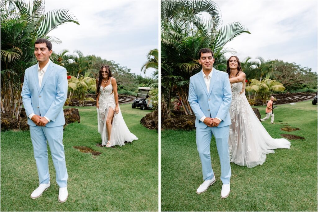Bride and groom's first look at Holualoa Inn art garden