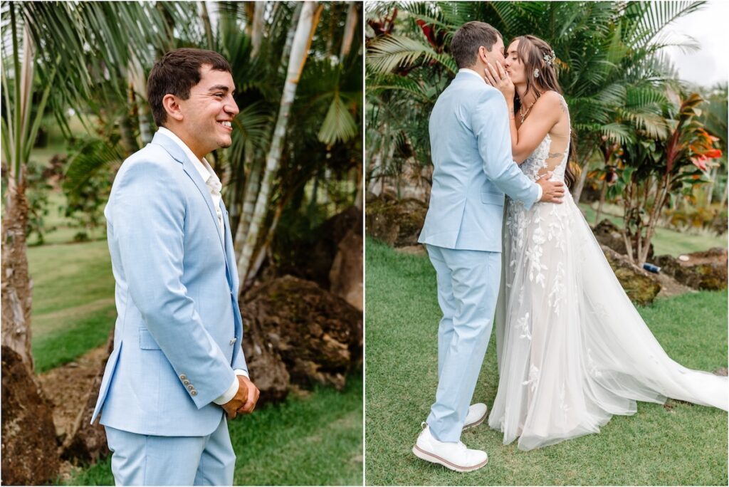 Bride and groom's first look at Holualoa Inn art garden