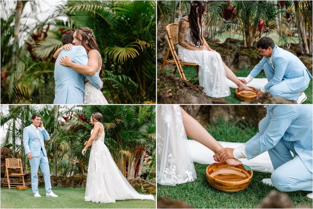 Foot washing at bride and groom's first look at their Holualoa Inn wedding
