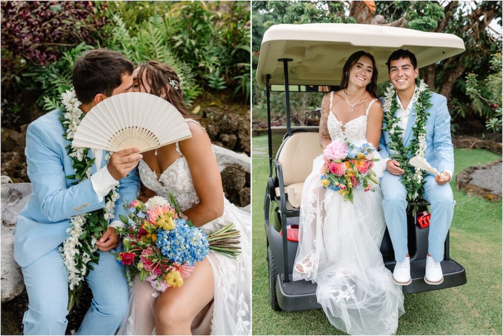Bride and groom at Holualoa Inn Wedding art garden for couple's portraits, kissing behind a fan