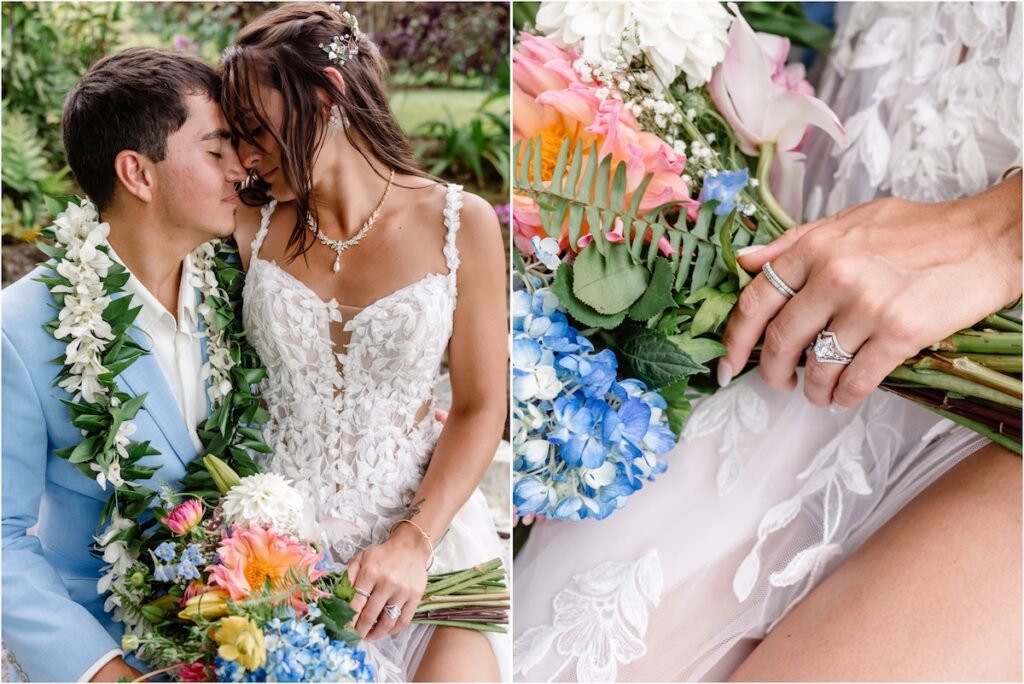 Bride and groom at Holualoa Inn Wedding art garden for couple's portraits