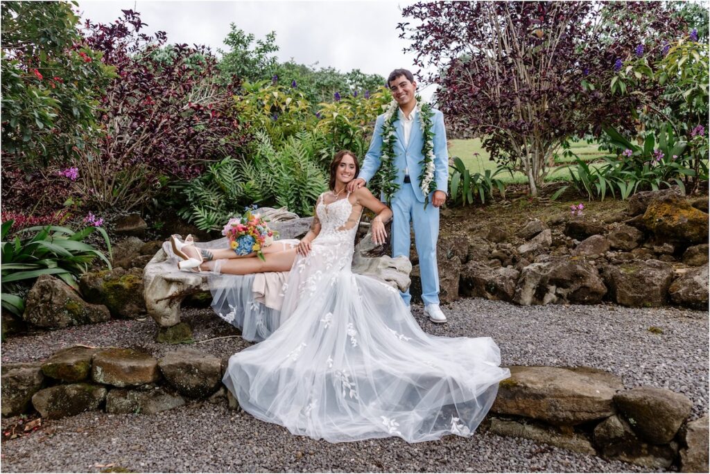 Bride and groom at Holualoa Inn Wedding art garden for couple's portraits