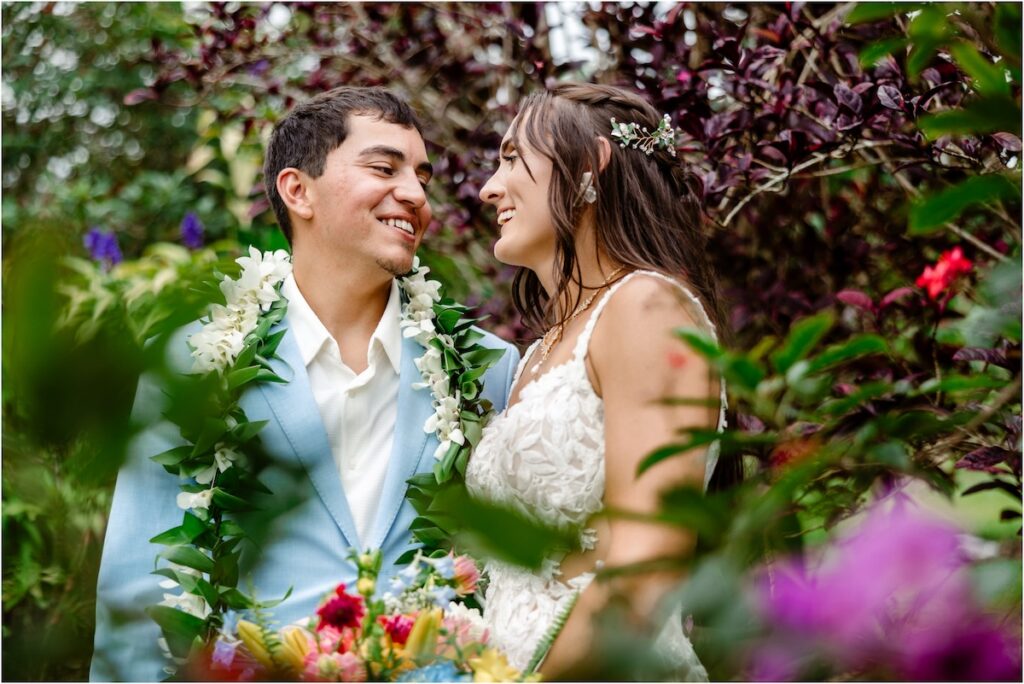 Bride and groom at Holualoa Inn Wedding art garden for couple's portraits