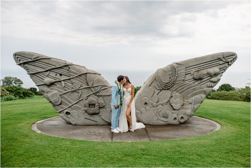 Bride and groom at Holualoa Inn Wedding art garden for couple's portraits